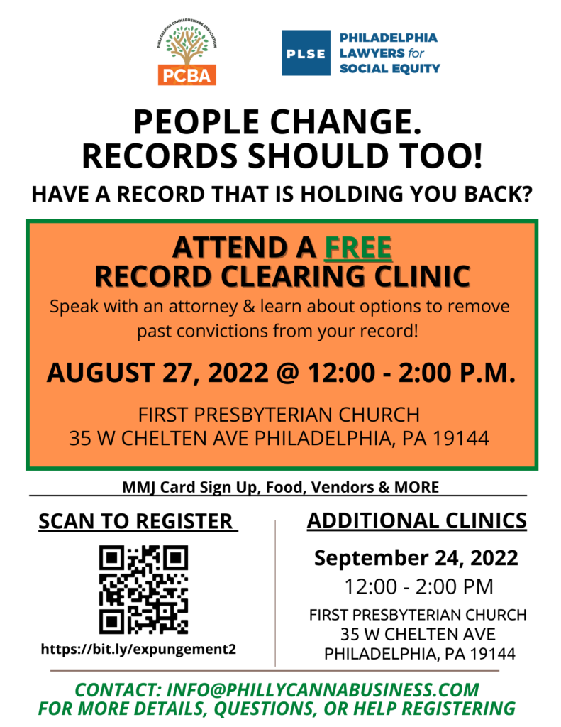 A white flyer with an orange box describes a free record clearing expungement clinic at First Presbyterian Church located in Germantown Philadelphia